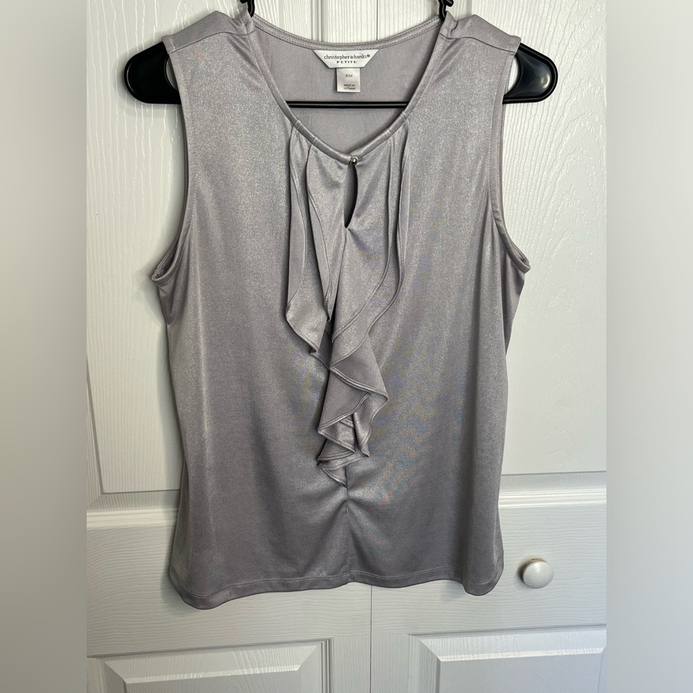 Christopher Banks Silver Shimmer Pullover Sleeveless Ruffle Crew Neck Top Sz MP